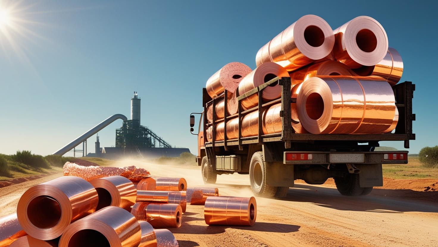 Image of a truck full of taw copper material driving towards a copper smelting plant in the distance. Sun shining
