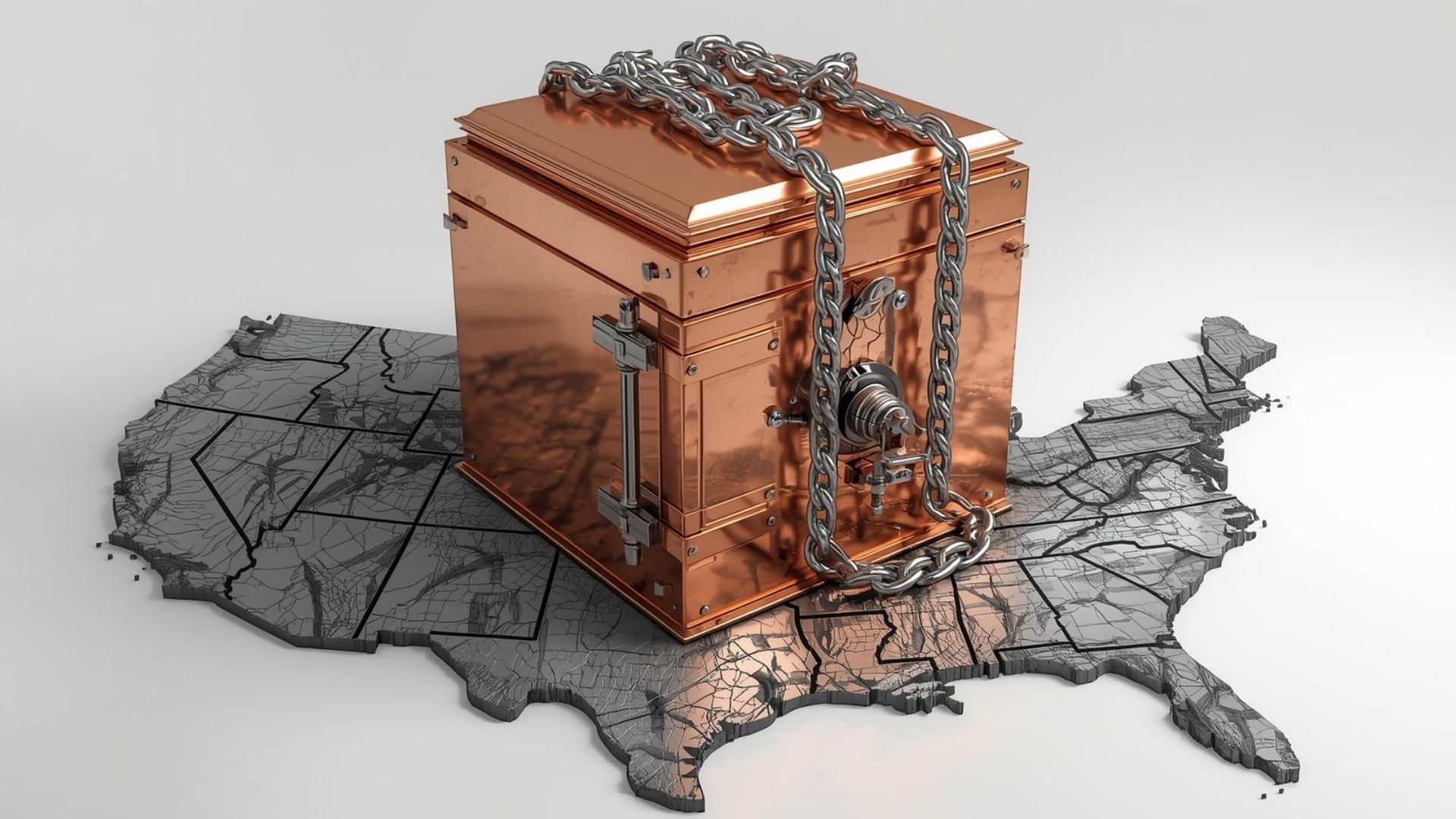 Map of the USA with a Copper Vault encased in Nickel chains sat on top