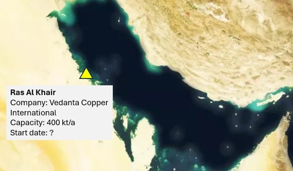Map showing the location of the Ras Al Khair smelter