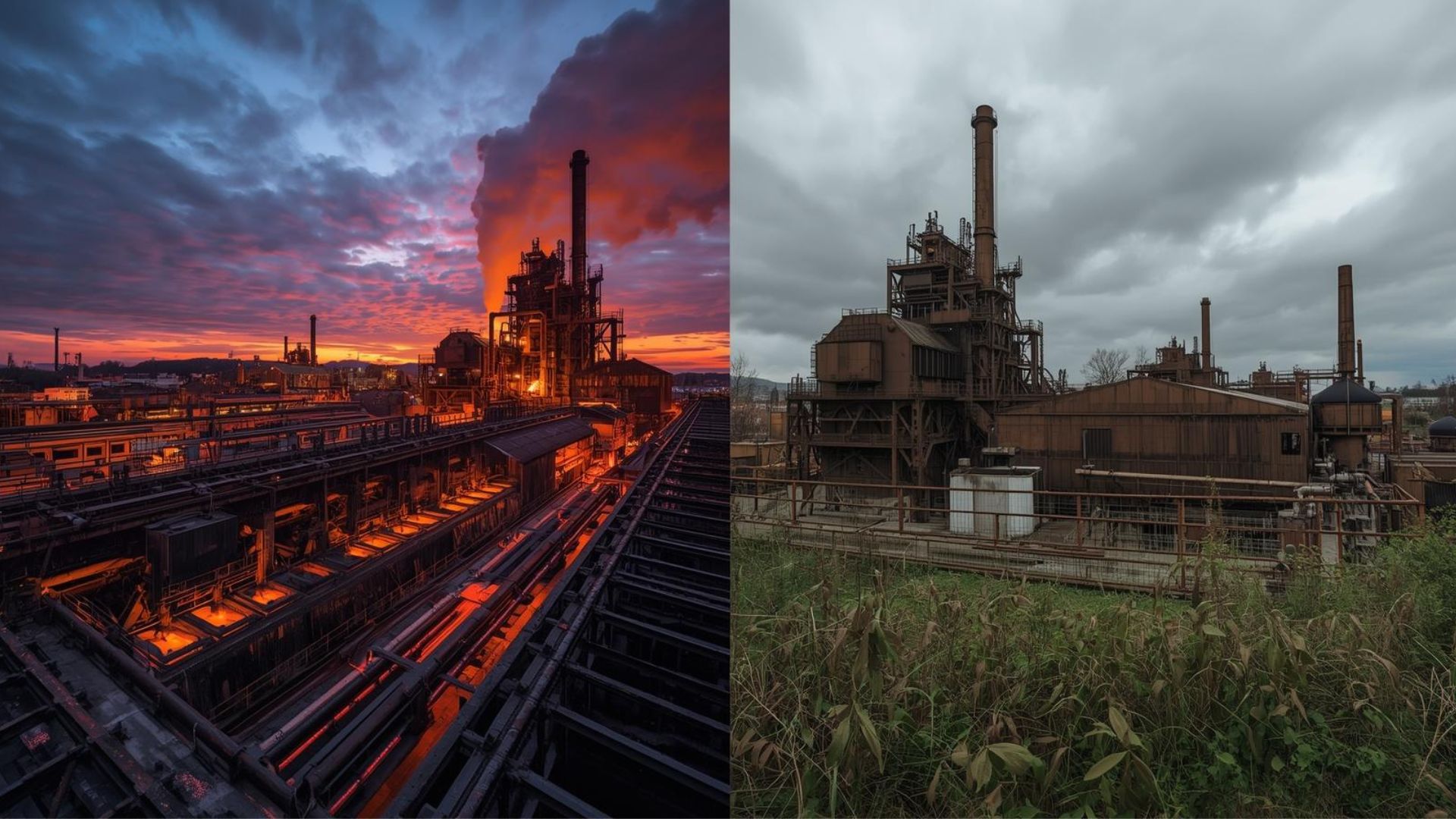 An active smelting plant on one side of the image, with an inactive plant on the other