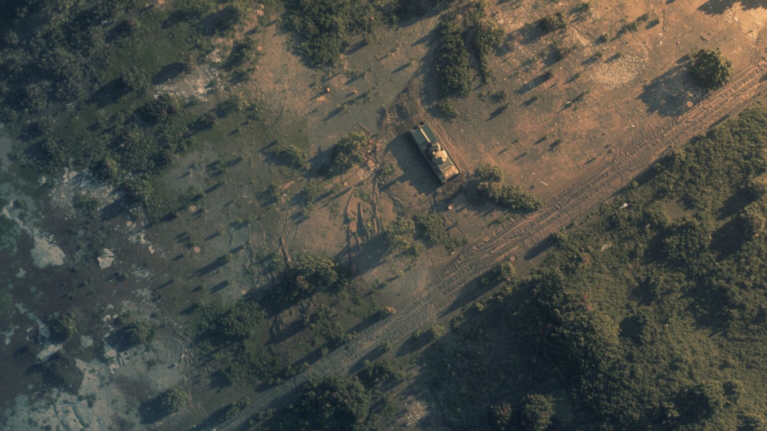 Tank tracks on the ground viewed from space