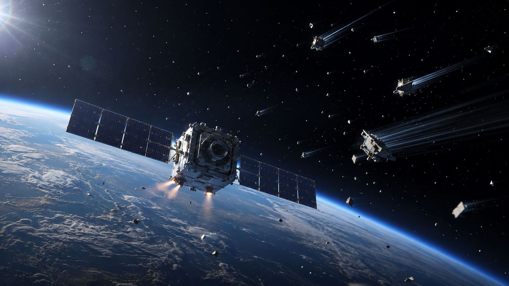 Dramatic picture of satellite debris in space with the Earth in the background