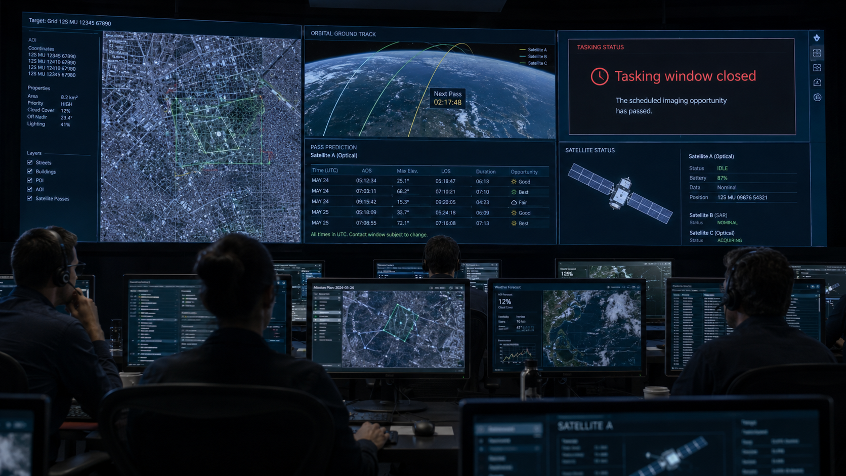 Fictional satellite control room with multiple data screens and three analysts