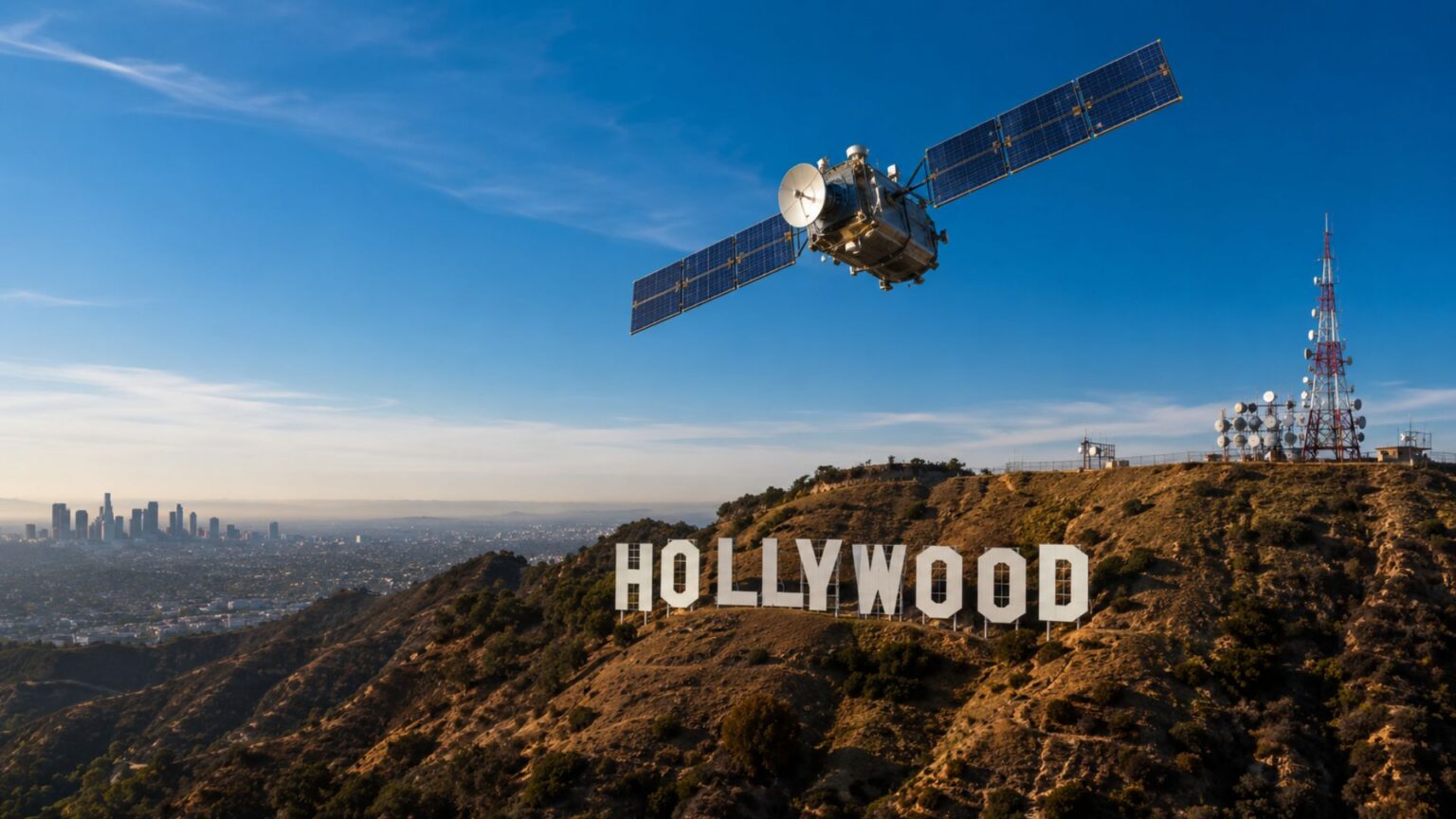 A satellite flying low ovre the Hollywood sign