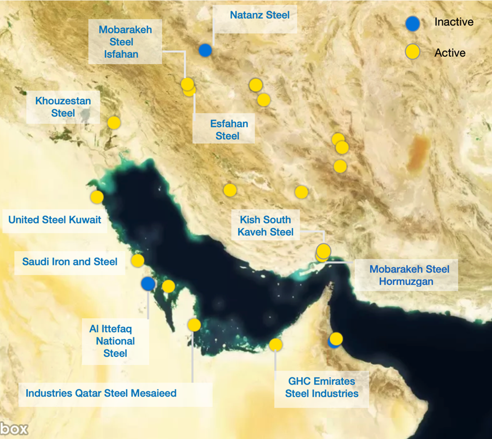 Map of Steel Plants across the Middle East - includng their activity status