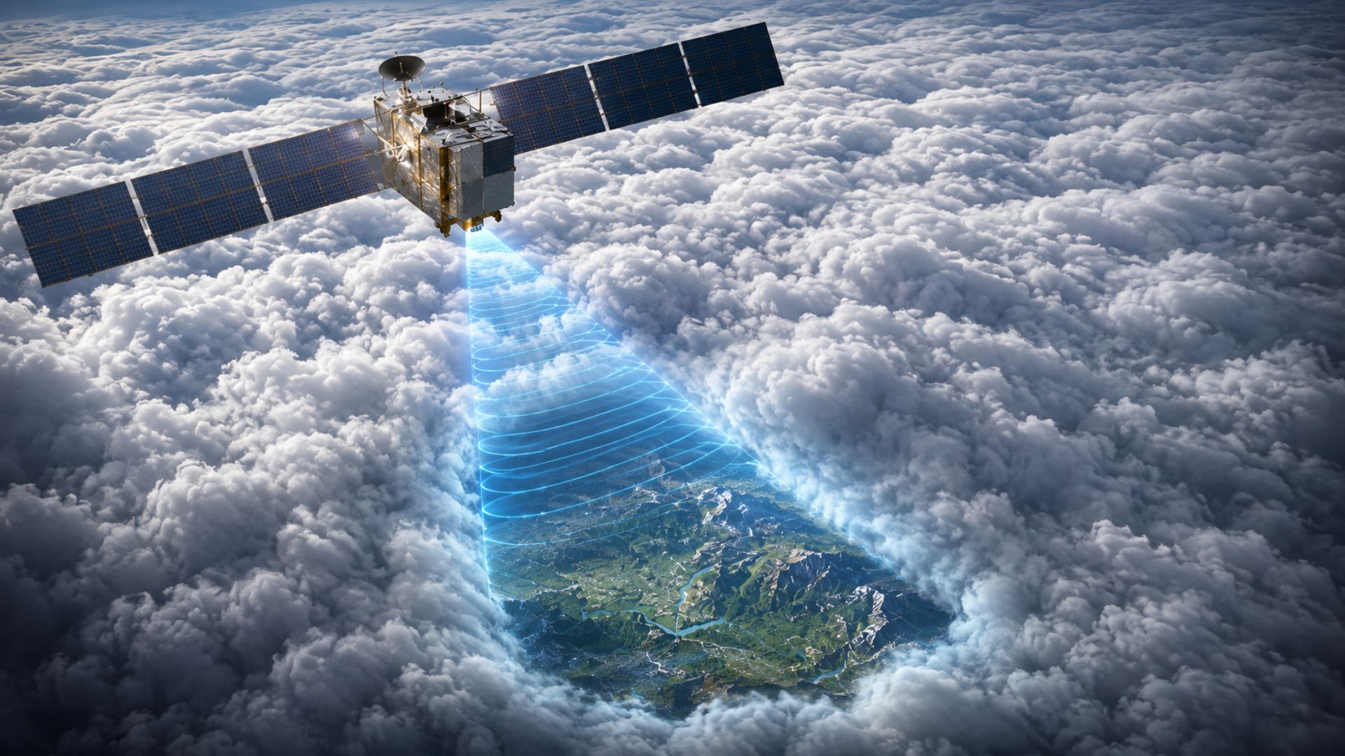 A fictional image of a satellite using technology to see through cloud cover