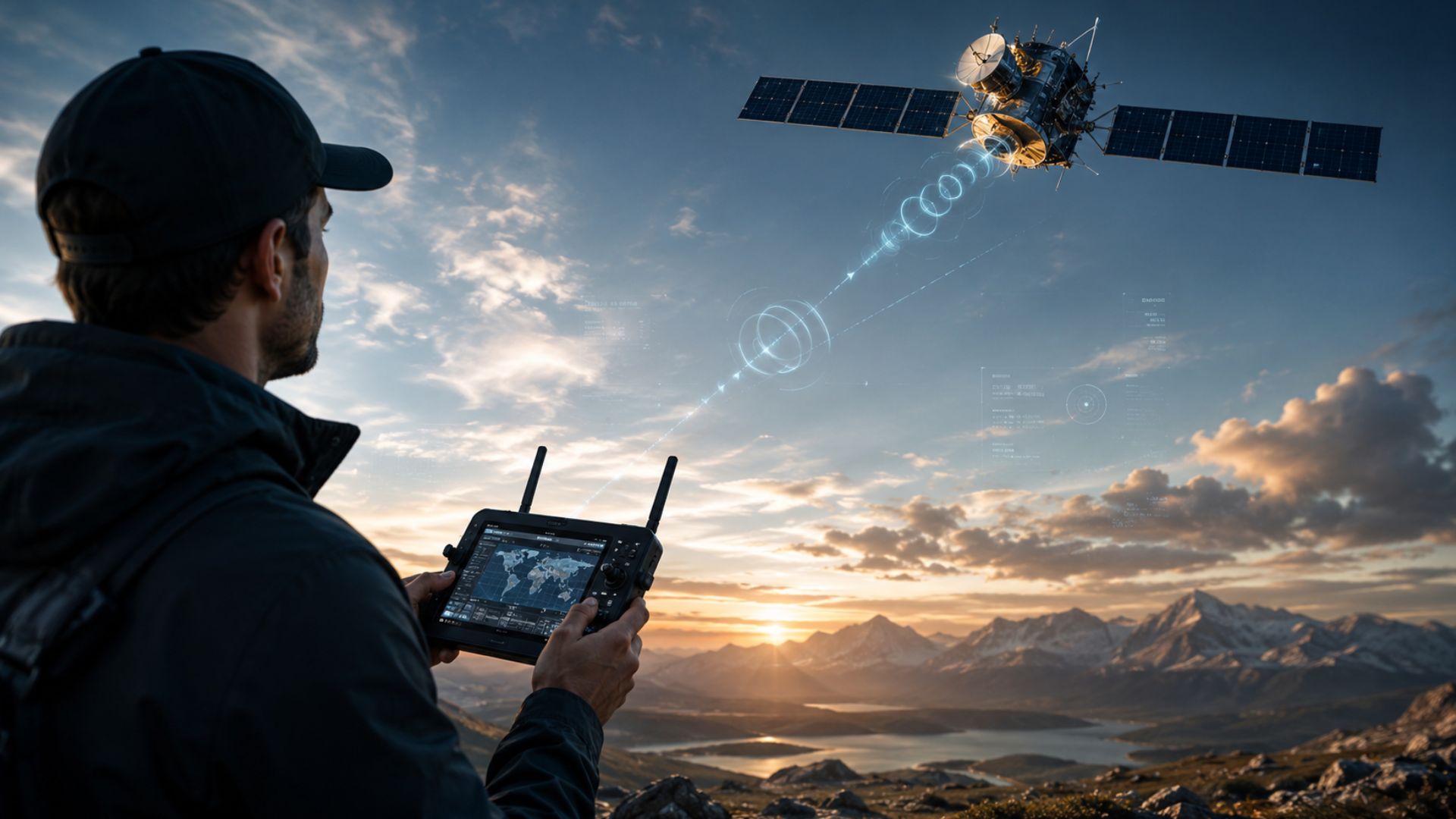 Fictional image of a satellite being manoeuvred by a drone controller