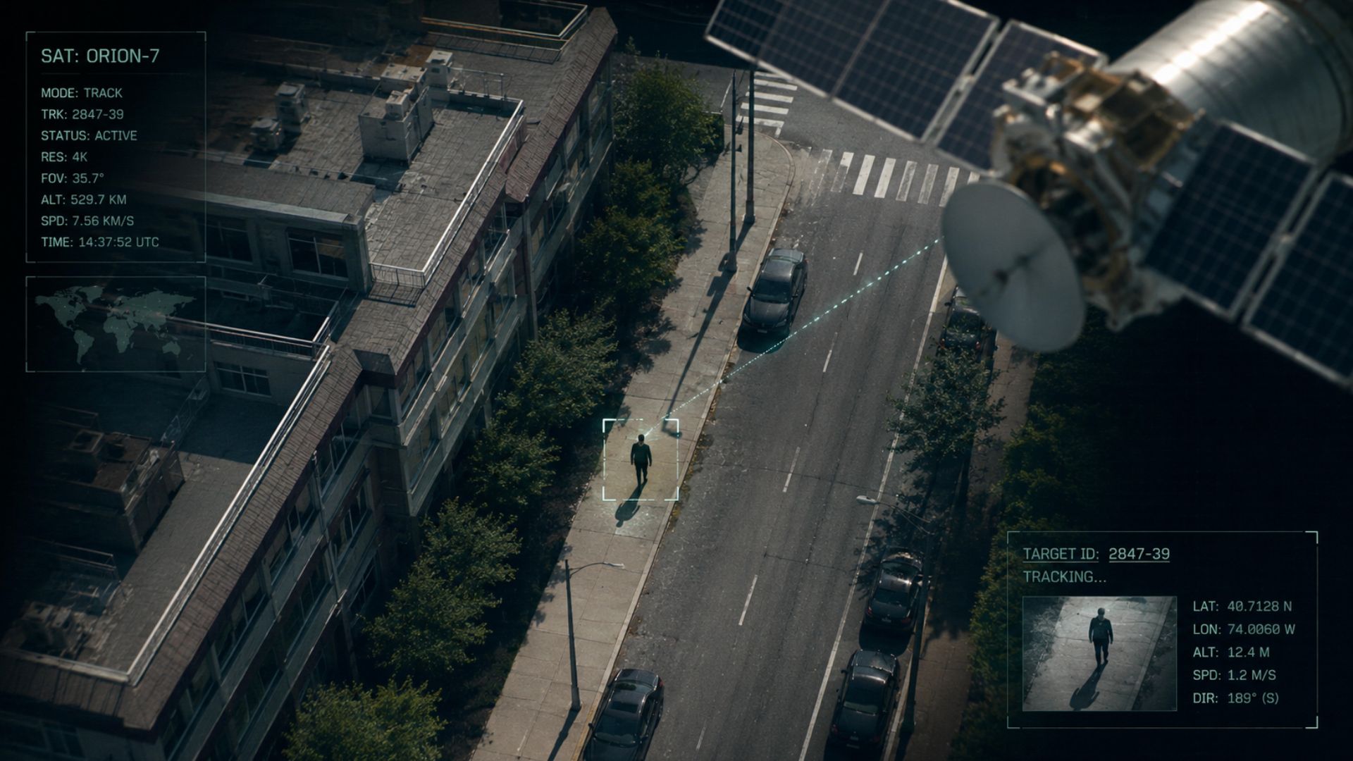 Image of a satellite picking out an individual person walking down the street