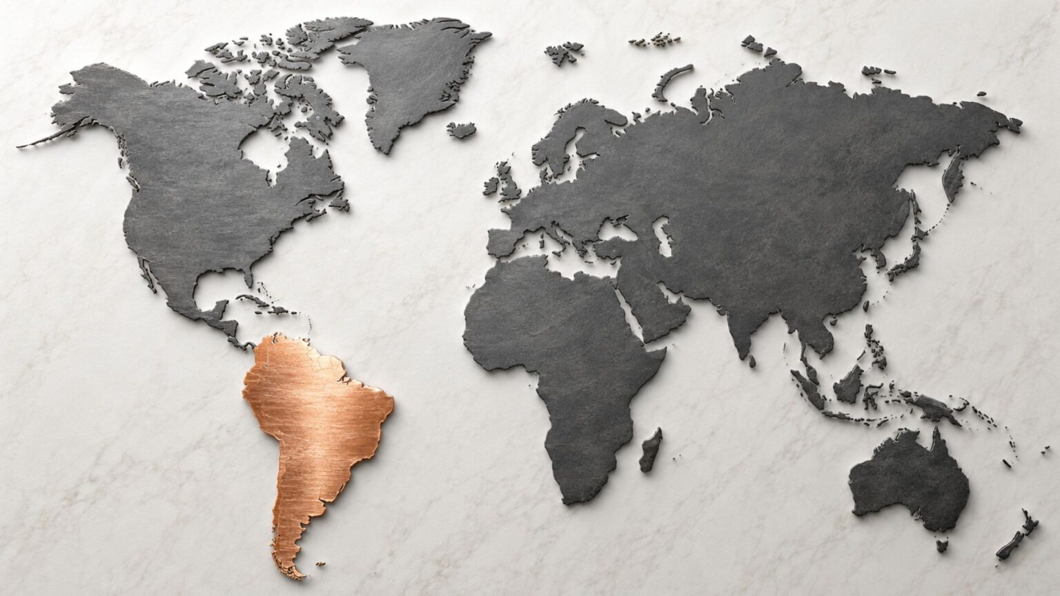 World map showing South America in a copper colour