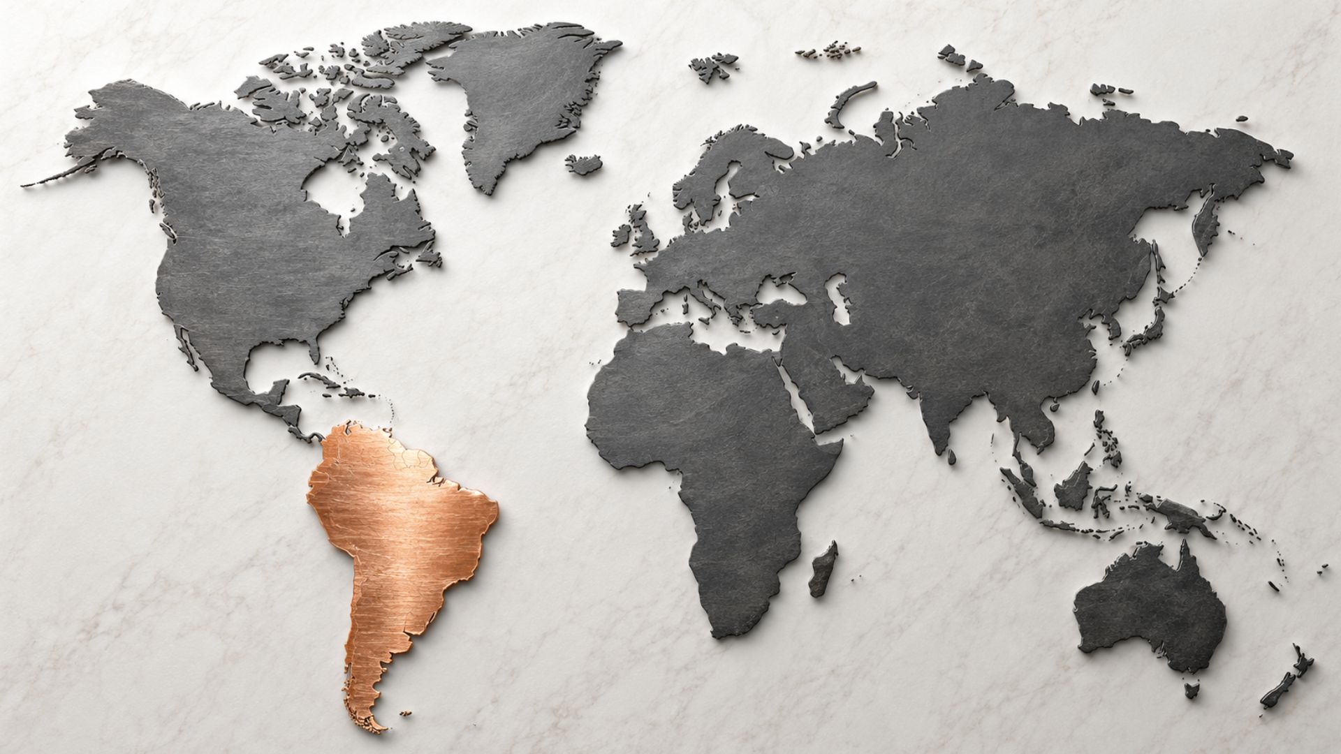 World map showing South America in a copper colour