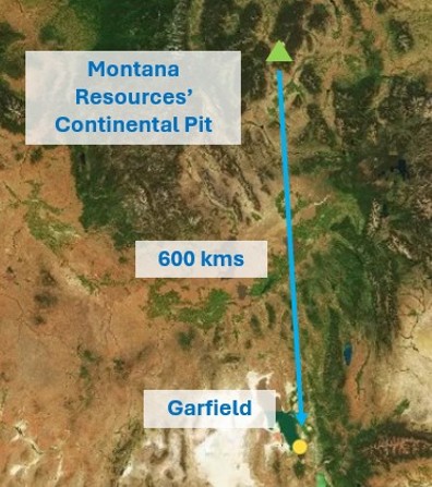 Map showing the location of the Garfield and Continental Pit Smelters