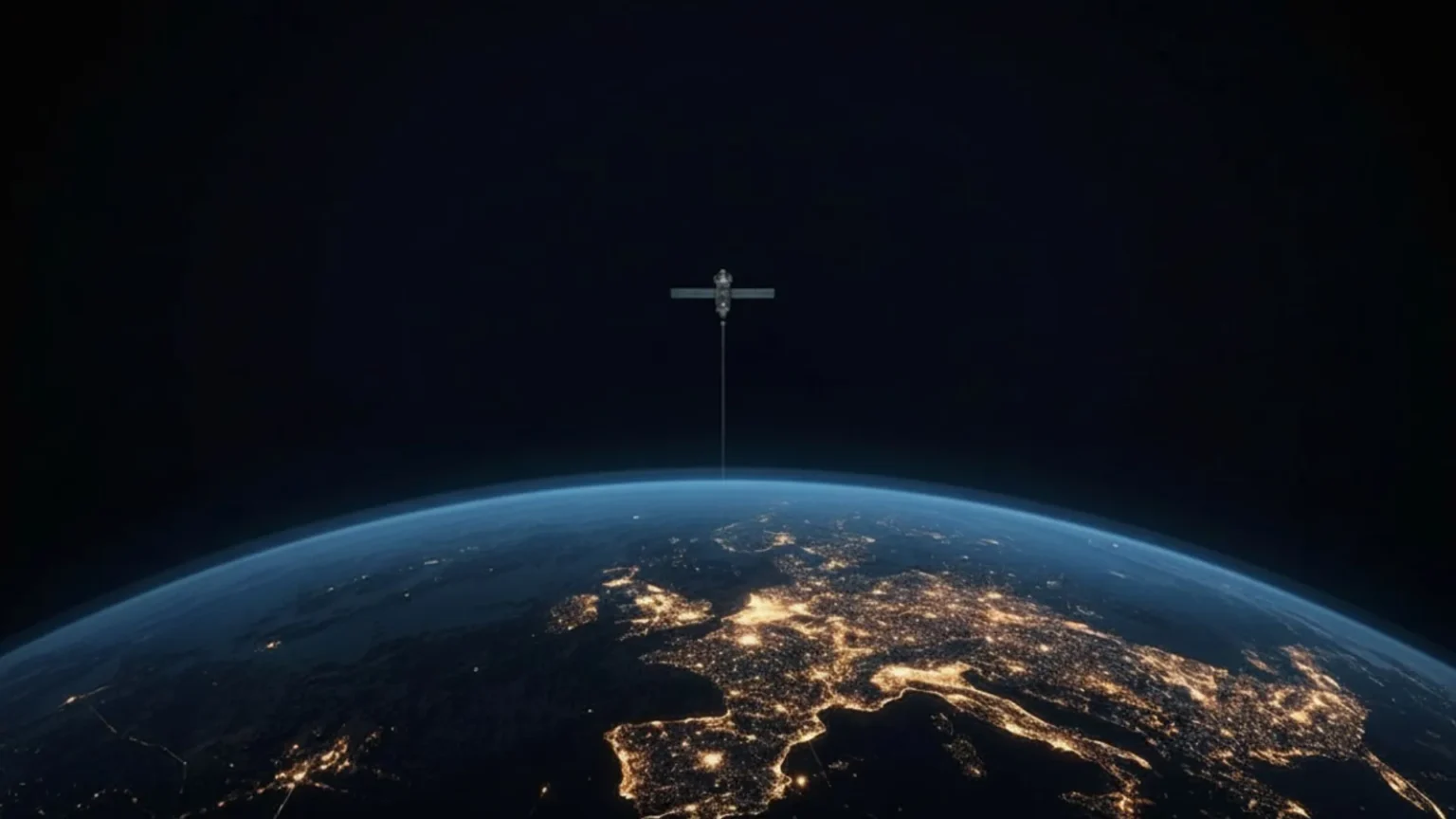 A satellite hovering over earth with a pinpoint vertical line aimed at a spot on the ground and supporting an operation to predict military action before it happens
