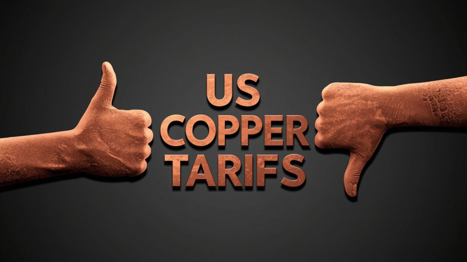Two thumbs, one pointing up, the other pointing down with the words 'US Copper Tarrifs' in the middle