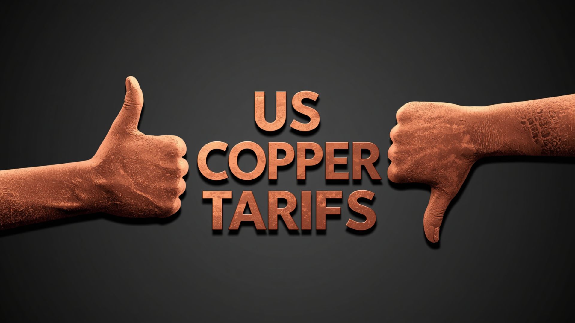 Two thumbs, one pointing up, the other pointing down with the words 'US Copper Tarrifs' in the middle
