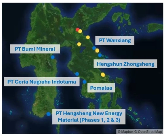 Image of active and non-active nickel smelters in Sulawesi, Indonesia