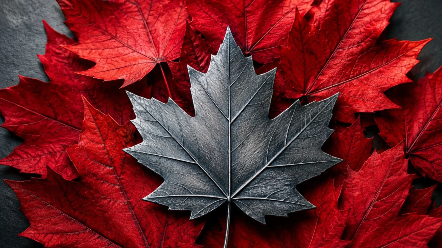 Canadian Maple Leaf in steel lying on top of red maple leaves