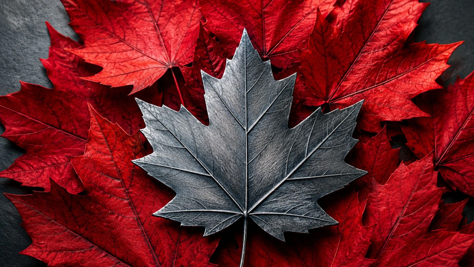Canadian Maple Leaf in steel lying on top of red maple leaves