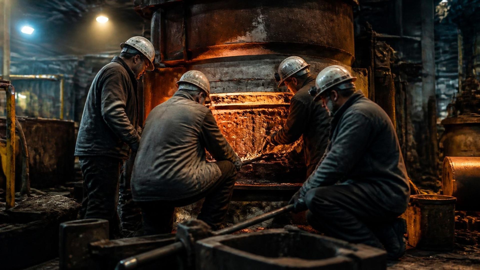 Maintenance men working on copper smelting plant furnace