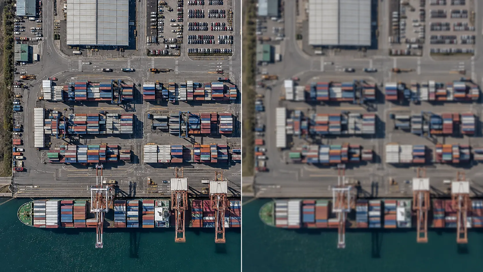 Side-by-side satellite imagery of a container port showing the difference between high-resolution and lower-resolution capture, highlighting how ground sampling distance affects image clarity.