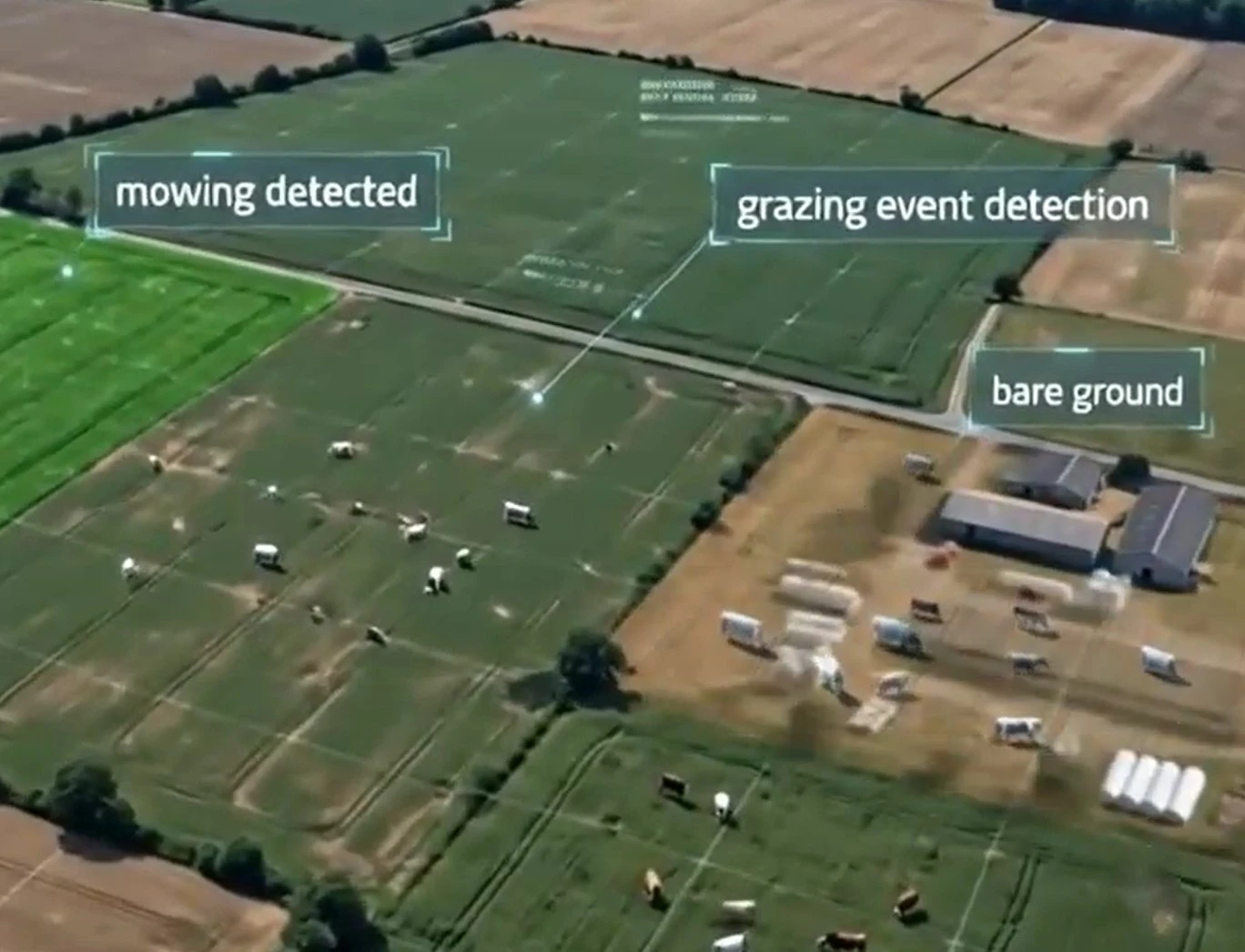 Aerial view of farmland with FANTOM markers labelling mowing, a grazing event and bare ground
