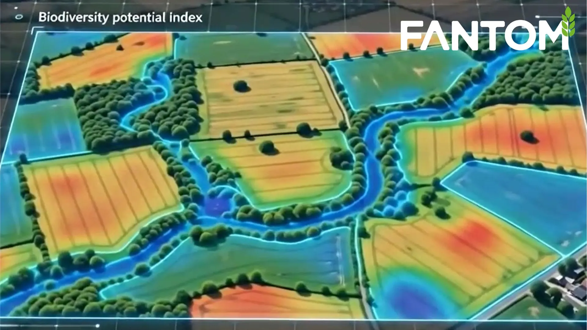 FANTOM Biodiversity Potential Index shown as a colour heat map across fields, hedgerows and a watercourse
