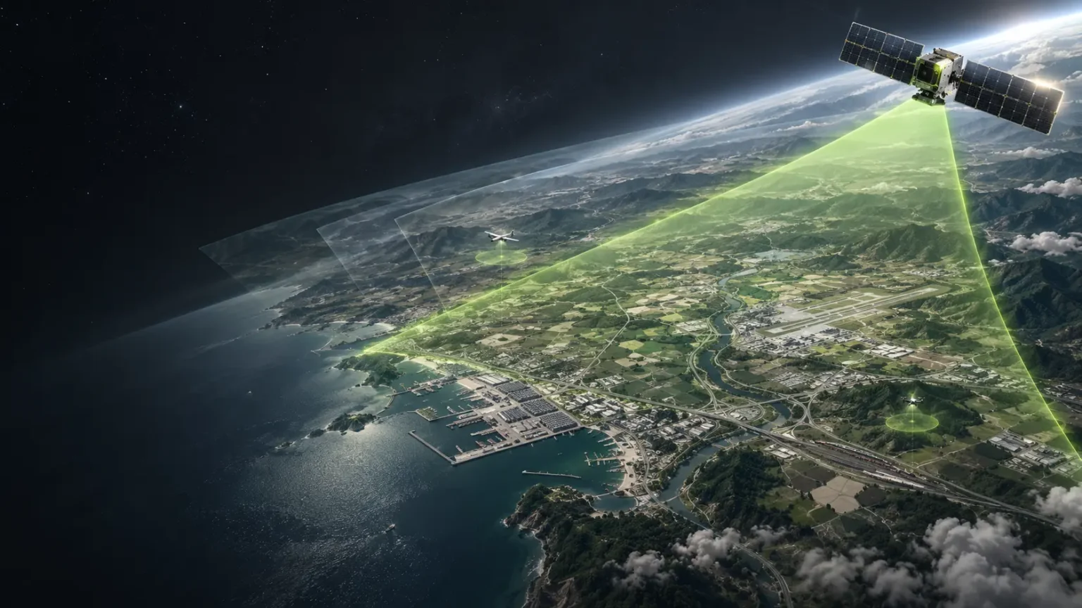 Earth-observation satellite monitoring a wide area of terrain, compared with the smaller coverage areas of drones and aircraft