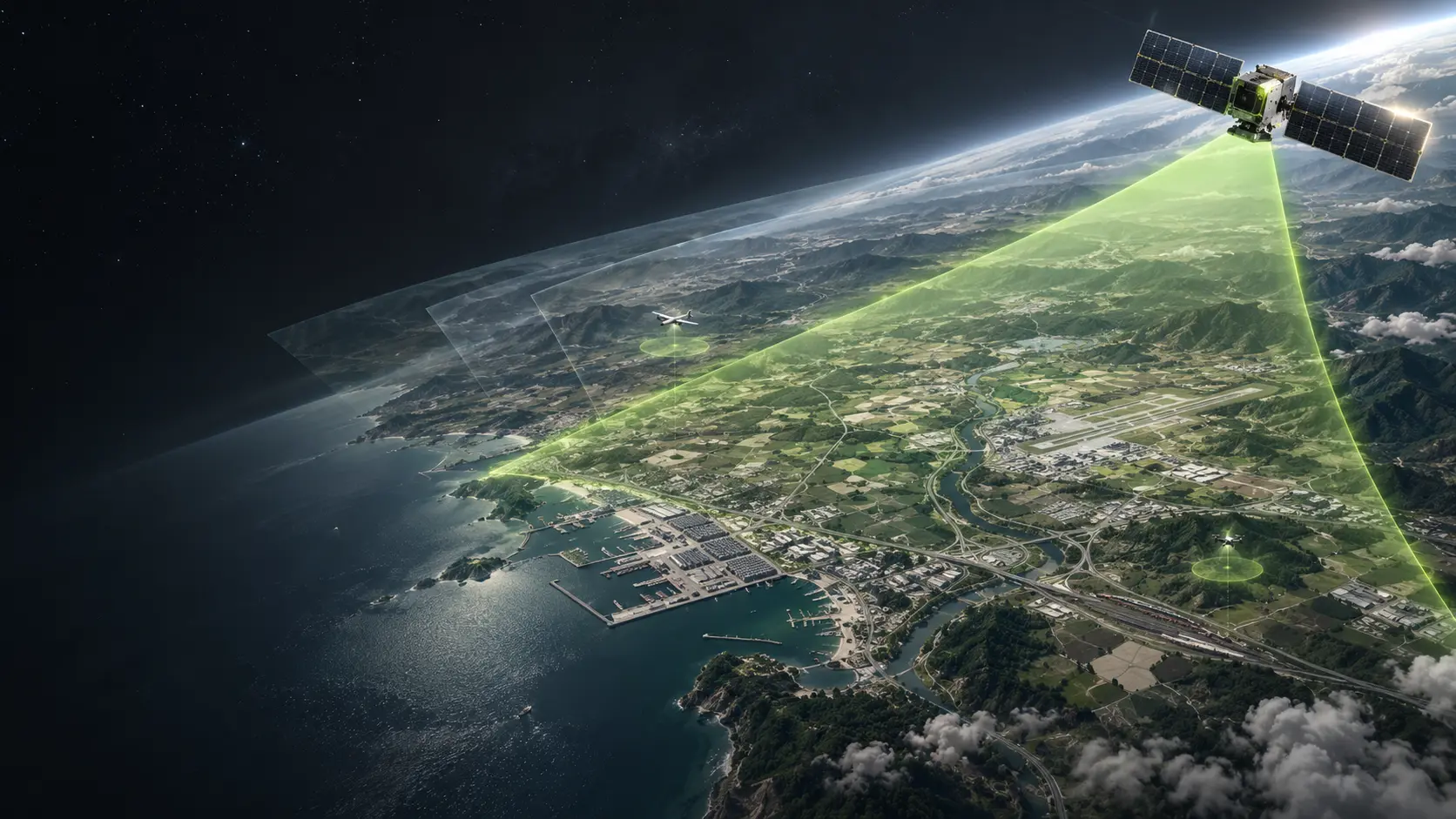 Earth-observation satellite monitoring a wide area of terrain, compared with the smaller coverage areas of drones and aircraft
