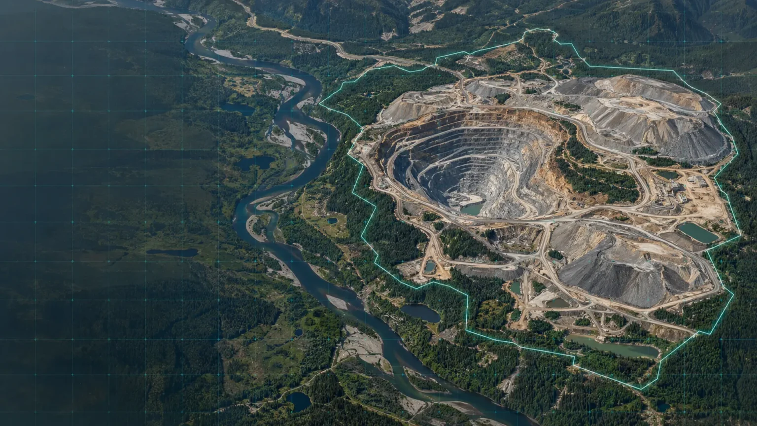 Satellite view of an open-pit mine with an outlined site boundary, showing how Earth Observation imagery can be used to check supplier and ESG claims.